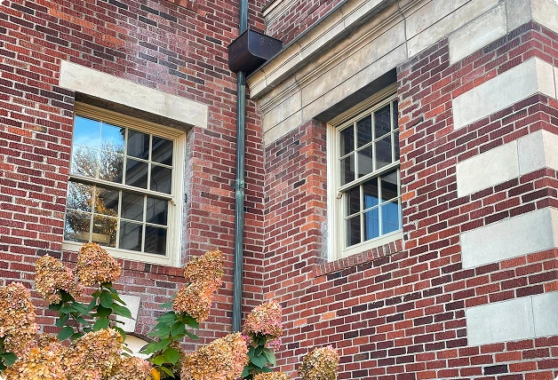 Brick building with grid-style windows and dried hydrangea bushes in front.