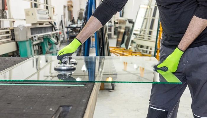 Worker handling a large pane of glass with suction tools in a workshop, illustrating custom window glass fabrication and precise handling processes.