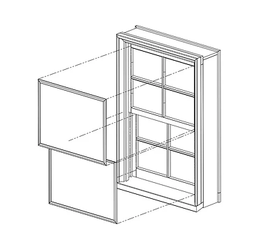 Exploded diagram of a window with WindowSLIP system, showing how the insert fits over the original window frame.