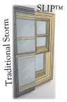Illustration comparing a traditional storm window on the left and SLIP™ window on the right, showing differences in design and structure. The traditional storm has a simpler outline, while SLIP™ features a more complex design.