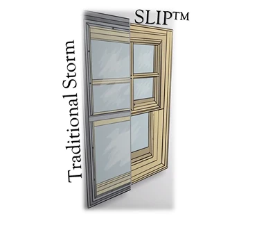 Illustration comparing a traditional storm window on the left and SLIPâ„¢ window on the right, showing differences in design and structure. The traditional storm has a simpler outline, while SLIPâ„¢ features a more complex design.