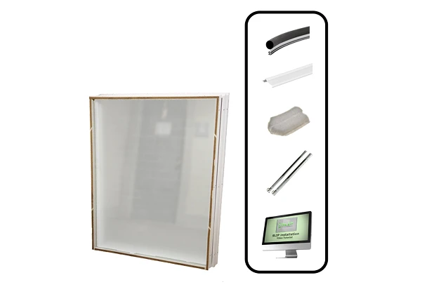 WindowSLIP unit with installation kit components including seals, brackets, and a video tutorial.